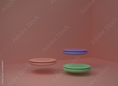 Abstract background for product presentation. 3d mock-up scene of purple, beige-pink and green floating ellipse platforms on beige-pink and purple background. 3d rendering.
