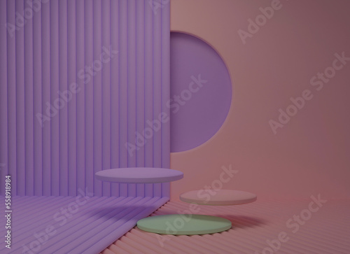 Minimal background for product presentation. 3d mock-up scene of purple, beige-pink and green floating cylinder platforms on beige-pink and purple background. 3d rendering.