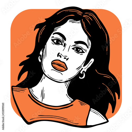 Beautiful young woman looking serious. Model girl for beauty salon, hairdressing, cosmetic shop. Girl with long dark hair and big eyes. Hand drawn illustration. Comic cartoon style drawing.