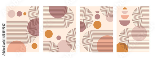 Set of vector abstract boho posters. Minimalist design for background, cover, wallpaper, print, card, wall decor, social media, stories, branding. Landscapes, sun, moon, sea, lines, balance shapes.