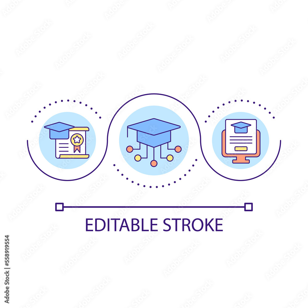 Elearning certification loop concept icon. Online education diploma. Digital materials studying abstract idea thin line illustration. Isolated outline drawing. Editable stroke. Arial font used Elearning certification loop concept icon. Online education diploma. Digital materials studying abstract idea thin line illustration. Isolated outline drawing. Editable stroke. Arial font used