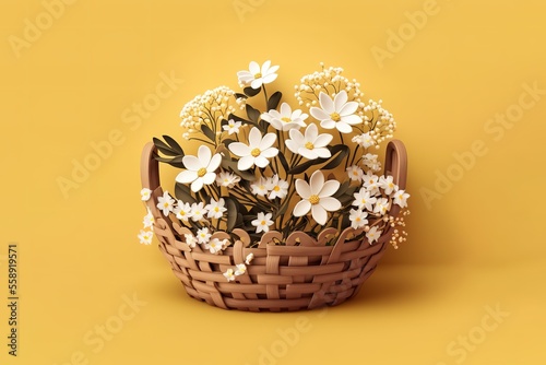White Flowers In Wooden Basket On Yellow Background Generative AI