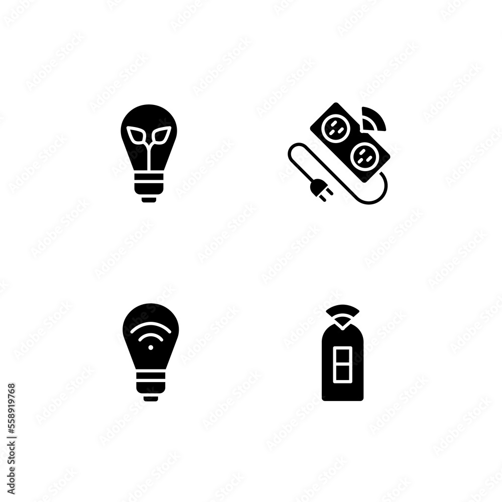 Home lighting black glyph icons set on white space. Smart and energy efficient lightbulb. Automated power strip. Silhouette symbols. Solid pictogram pack. Vector isolated illustration Home lighting black glyph icons set on white space. Smart and energy efficient lightbulb. Automated power strip. Silhouette symbols. Solid pictogram pack. Vector isolated illustration