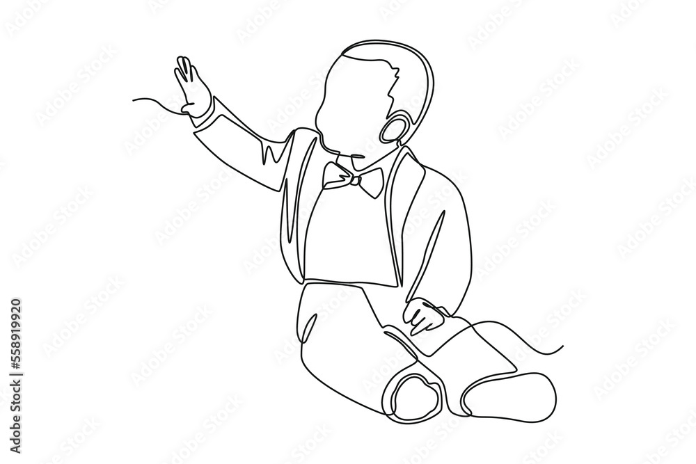 Single one line drawing Little boy in a tuxedo suit for weddings. Wedding Concept. Continuous line draw design graphic vector illustration.