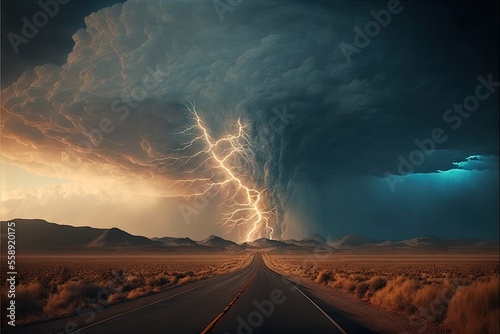 a storm is coming down over a desert road with a sky filled with lightning and clouds above it and a road leading to a mountain range in the distance