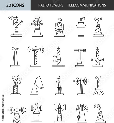 radio mast and communication tower icons set vector illustration