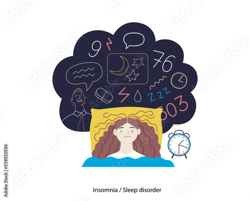 Mental disorders illustration. Insomnia, sleep disorder - modern flat vector illustration of a woman meeting with a sleep disorder trying to fall asleep. People emotional, psychological, mental