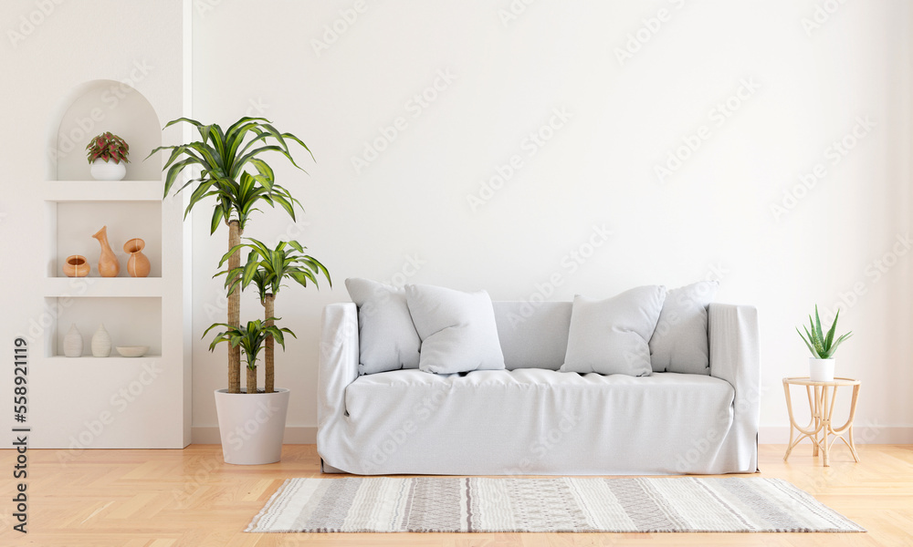 Naklejka premium Gray sofa in white living room with copy space, 3D rendering