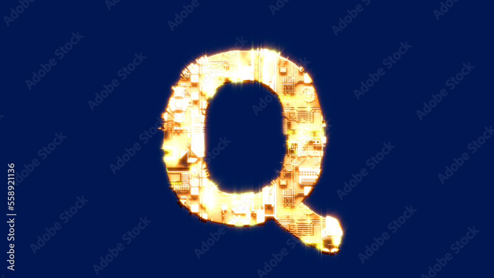 letter Q, innovation blazing orange cyber punk alphabet on blue screen, isolated - object 3D illustration