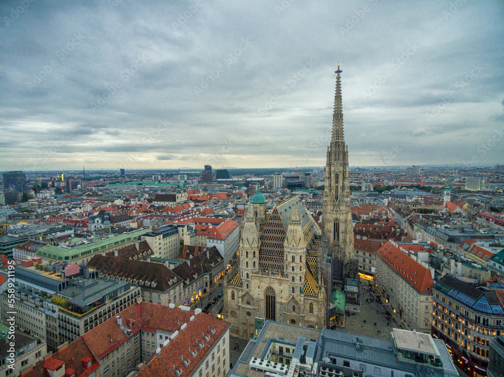St. Stephen's Cathedral in Vienna, Austria. Roof and Cityscape in Background.
