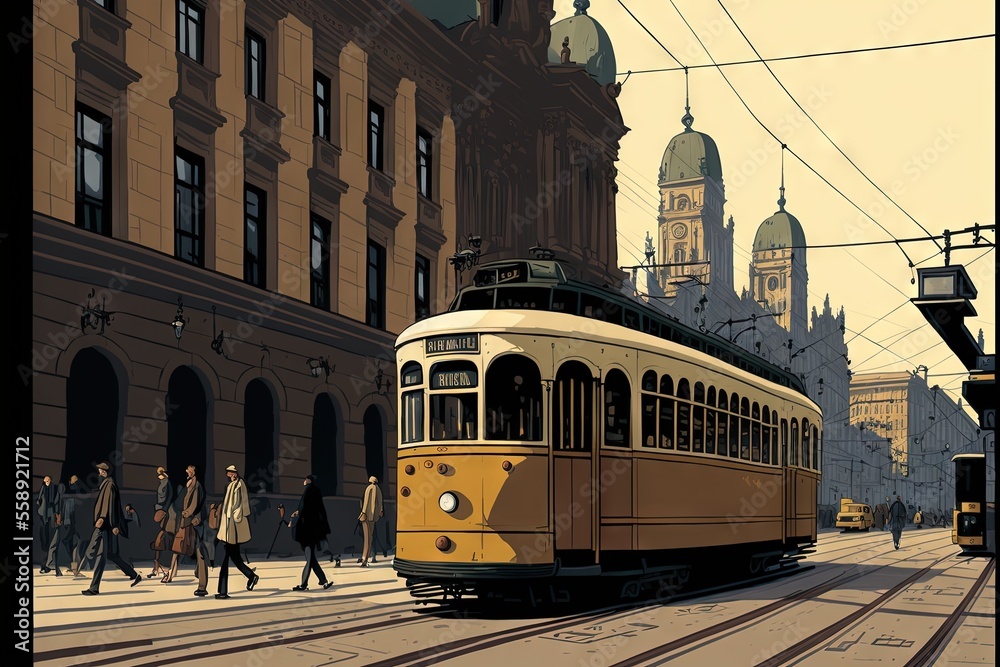 a yellow trolley car traveling down a street next to tall buildings and a clock tower in the background with people walking on the sidewalk below it