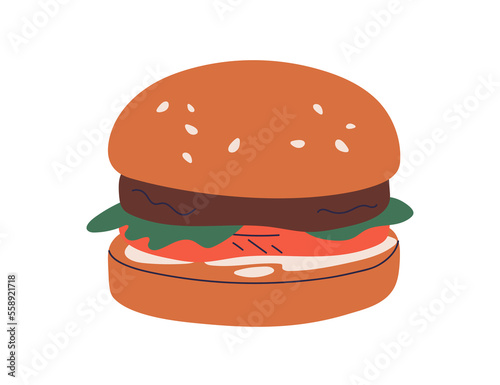 Beef burger, American fast food. Hamburger with meat, vegetables, sauce between buns. Unhealthy snack, sandwich with cutlet, lettuce, tomato. Flat vector illustration isolated on white background
