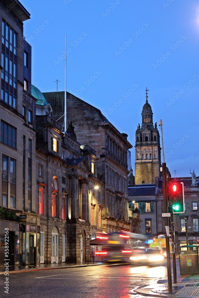 Glassford Street and the Trades Hall, Glasgow, by night.