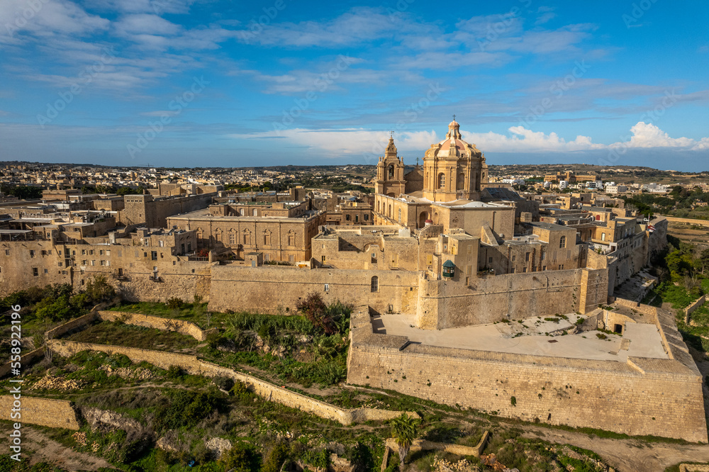 Mdina Silent City Cathedral in Malta. Aerial Drone view