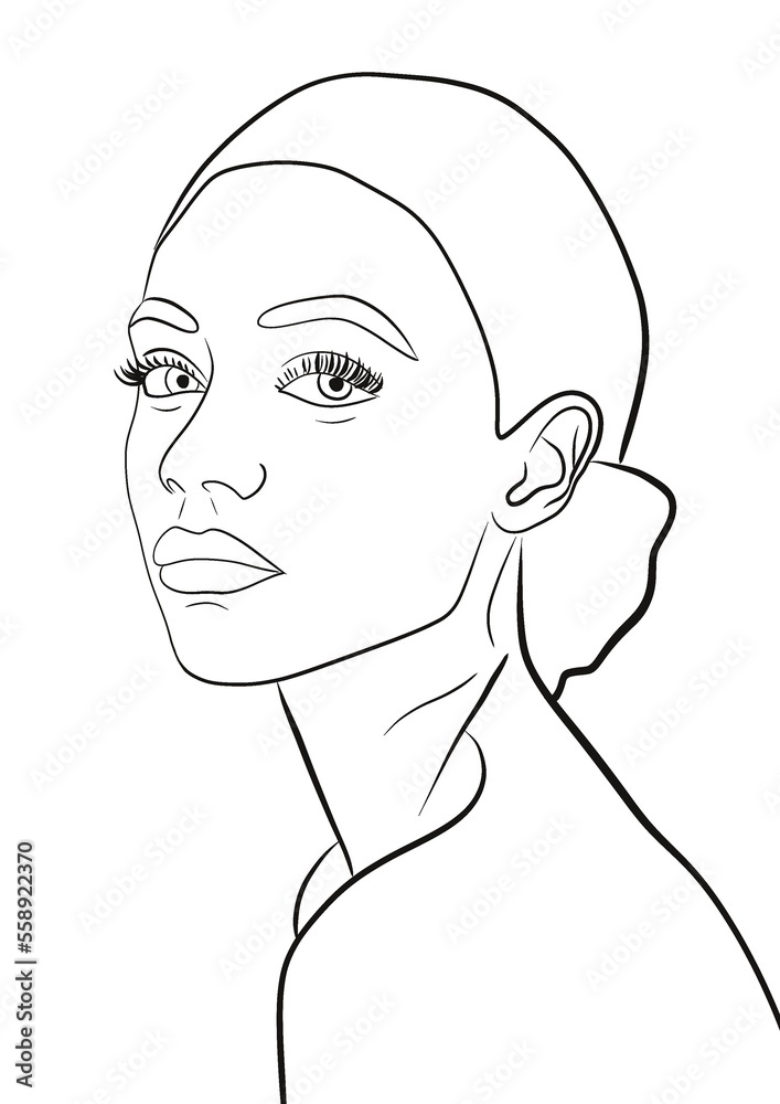 Illustration d’un portait d’une jeune fille afro-américaine aux cheveux attaché. Dessin minimaliste au trait noir. Image lier à la femme, la mode et au cosmétique, icône de marque de luxe