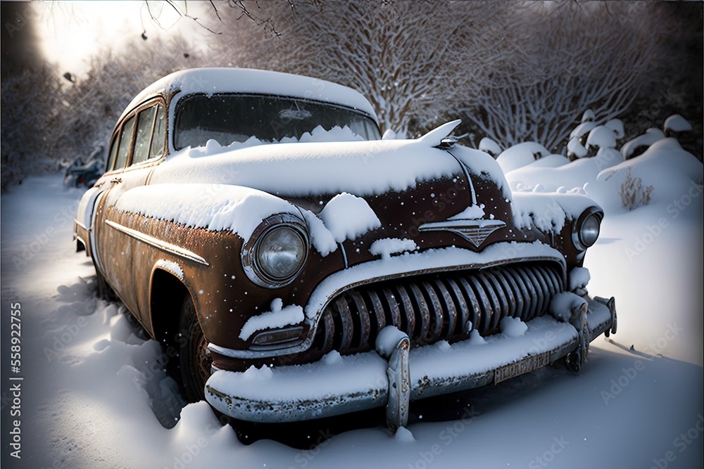 an old car covered in snow in a snowy field with trees in the background and a fence in the foreground with snow on the ground and trees in the background.