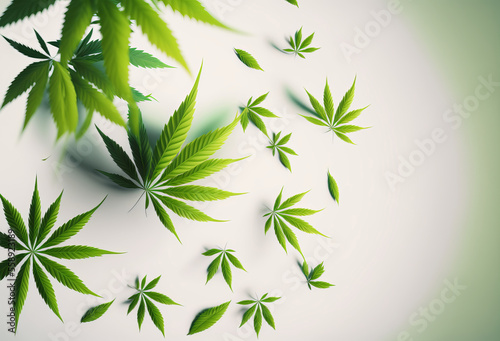 Cannabis marijuana leaves falling on a white background. Generative ai