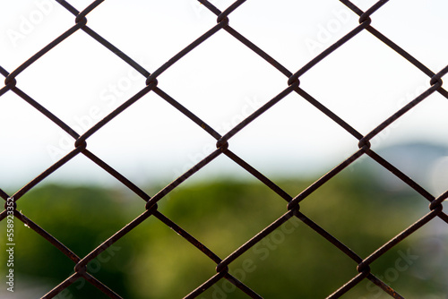 Silhouette wire mesh fence and blurred sky and tree background.
