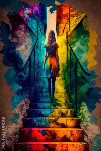 Girl climbing stairs, psychedelic colors, finding herself. High quality illustration © NeuroSky