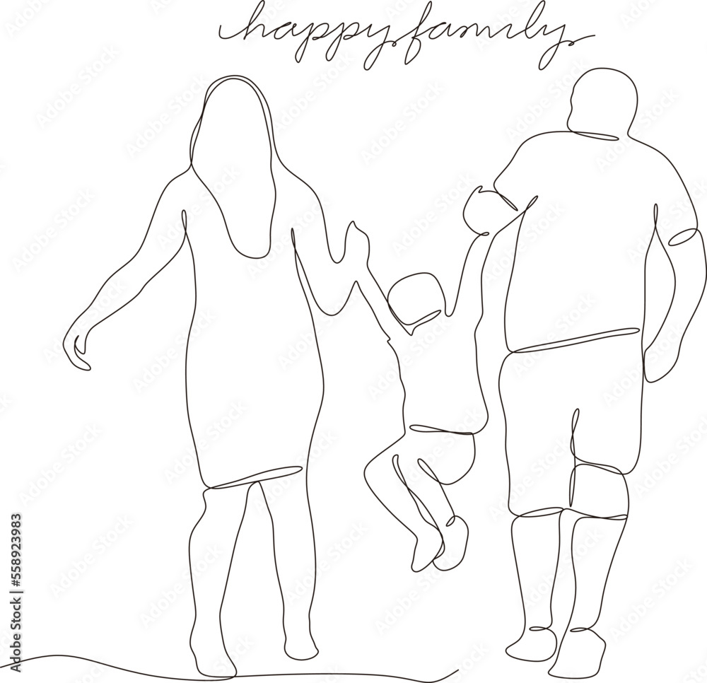 continuous line drawing of mother,father and son having fun outdoors ...