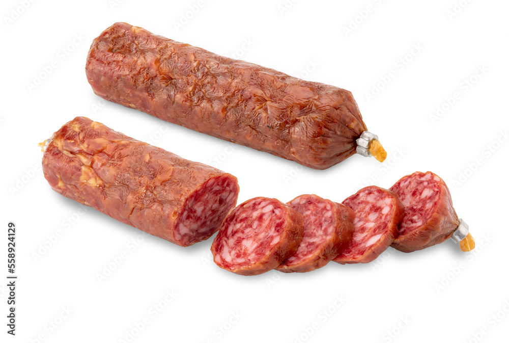 Salami sausage whole with Sliced salami isolated on white with clipping path included, copy space Salami sausage whole with Sliced salami isolated on white with clipping path included, copy space