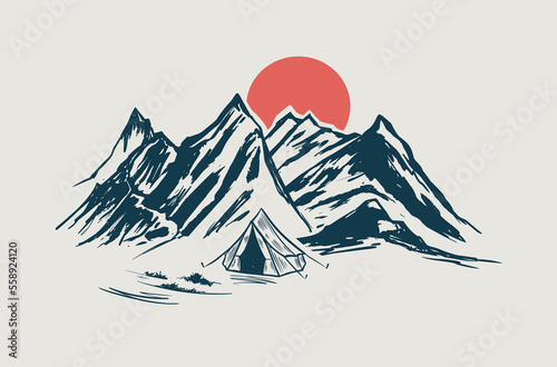 Camping  Mountain landscape  sketch style  vector illustrations.