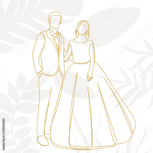 bride and groom sketch continuous line drawing, vector