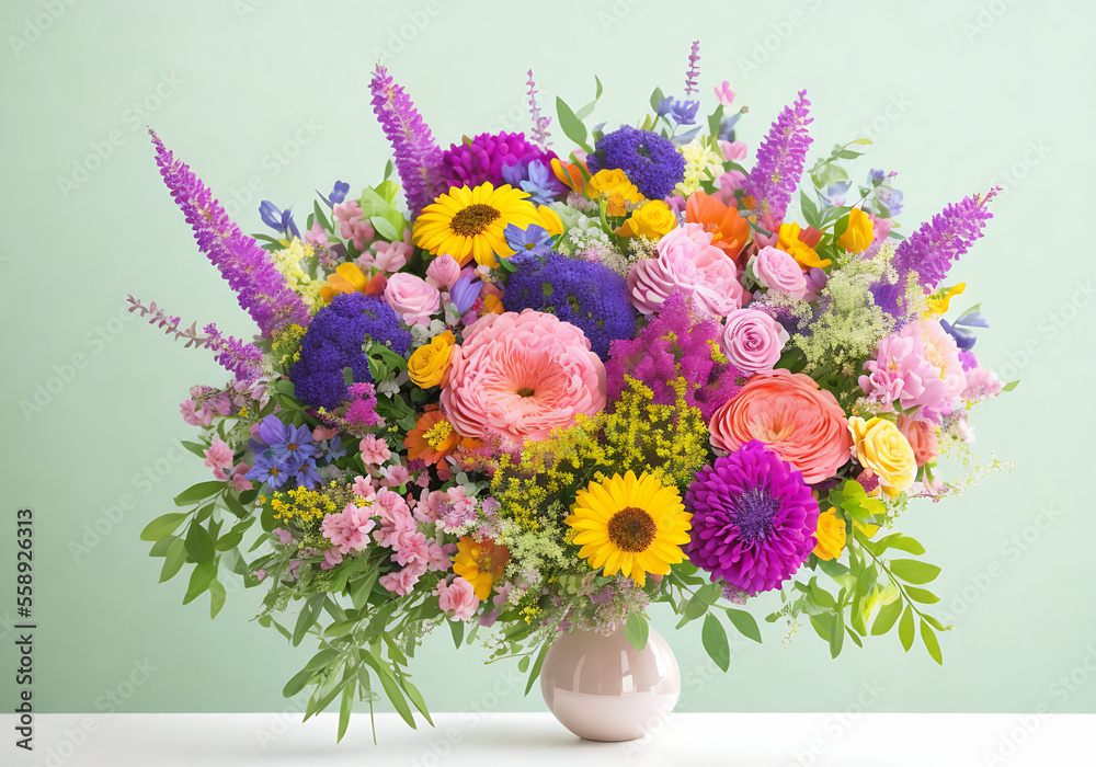 Beautiful, vivid, colorful mixed flower bouquet still life detail Generative AI