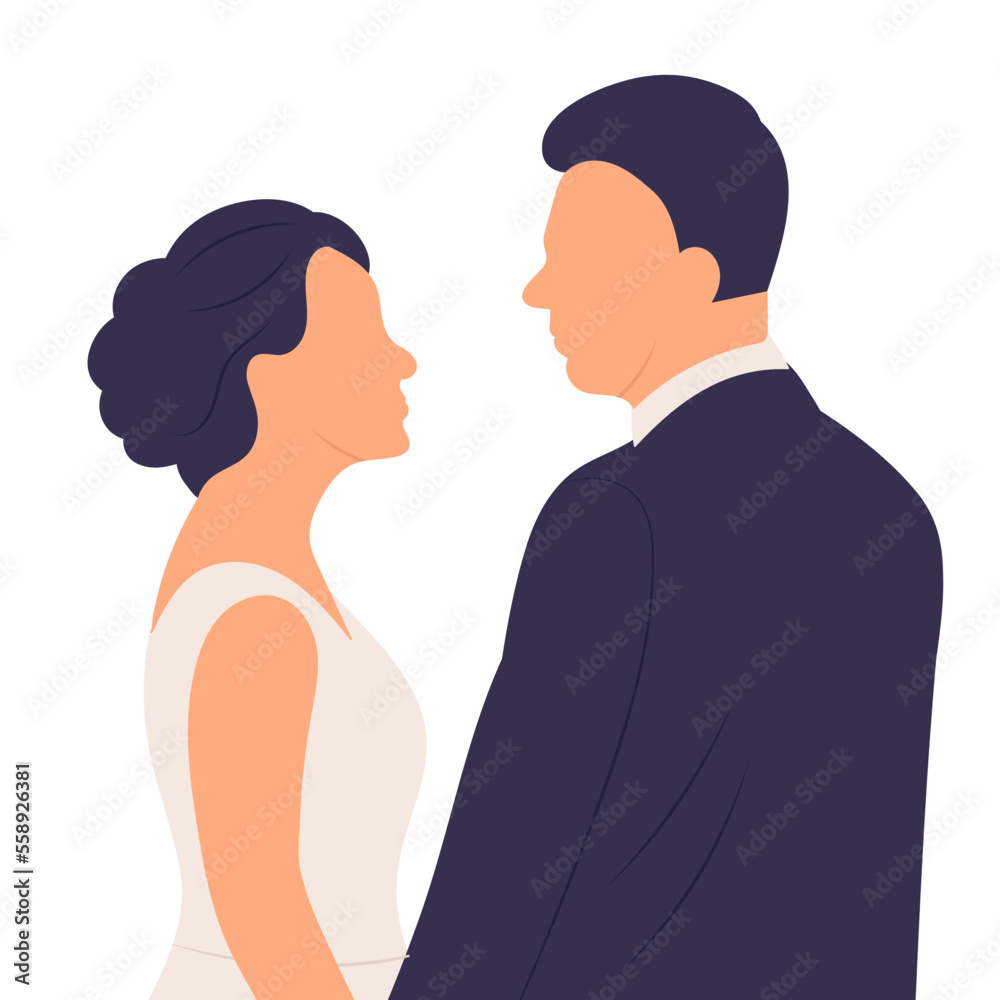 portrait of bride and groom, wedding in flat style, isolated vector