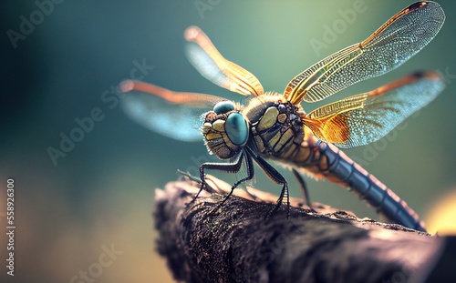 Dragonfly on branch. Close-up dragonfly on branch. Generative AI © 7AM