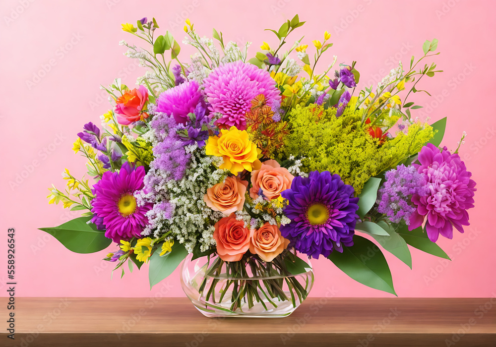 Beautiful, vivid, colorful mixed flower bouquet still life detail pink background Generative AI