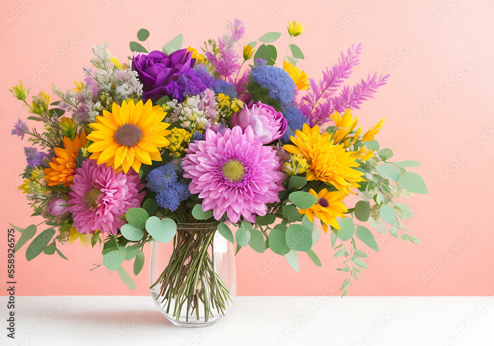 Beautiful, vivid, colorful mixed flower bouquet still life detail Generative AI