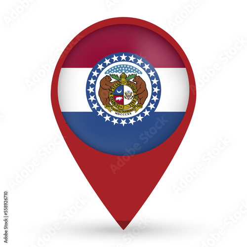Missouri state map pointer with shadow on white background. Vector illustration.