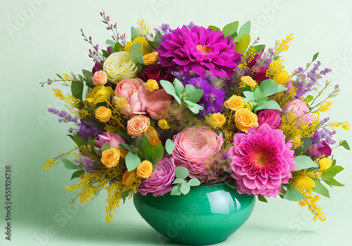 Obraz na płótnie Floral bouquet using a unique arrangement of flowers with pastel hues and tones. Studio setting clean backdrop Generative AI w salonie