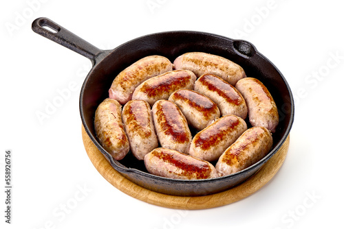 Grilled German Pork Sausages, munich sausage, isolated on white background.