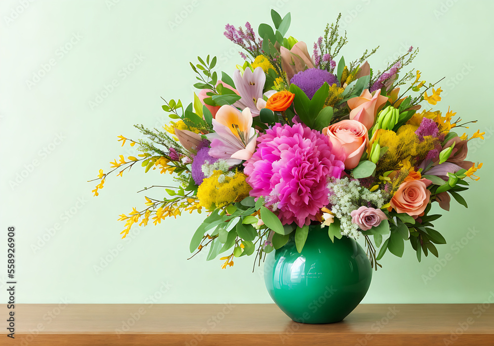 Floral bouquet using a unique arrangement of flowers with pastel hues and tones. Studio setting clean backdrop Generative AI