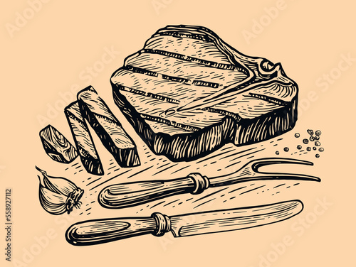 Grilled beef veal steak, knife and fork. Cooking food, barbecue, grill meat concept. Hand drawn vintage sketch vector