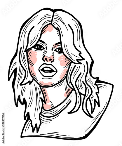 Beautiful young woman looking serious. Model blond girl for beauty salon, hairdressing, cosmetic shop. Girl with long blond hair and big eyes. Hand drawn illustration. Comic cartoon style drawing.