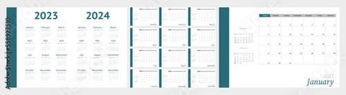 Vector calendar for 2023 and 2024. The week starts on Sunday. Wall calendar in a minimalist style on a light gray background. In green color.