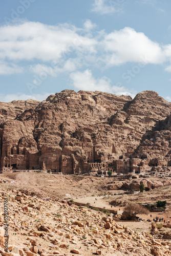 Stone tombs carved into the mountain in the ancient city of Petra in Jordan