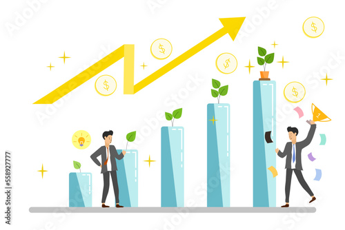 Businessman celebrates the promotion standing with the growth graph, lots of money and success. Vector illustration. Plant growth with business growing.