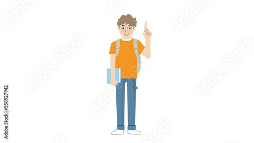 指差しポーズで話す若い男性