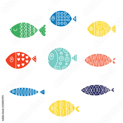 Cute retro colorful cartoon illustration with blue fish on white background. Vector illustration set. photo