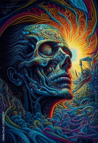 a hyper surrealistic psychedelic of skull detailed digital painting. Dynamic pose  Color Grading and High detailed. Fit for book cover  wallpaper  banner  digital music album cover  background.