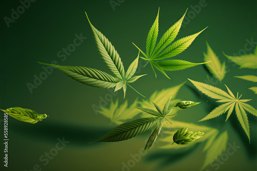 Cannabis marijuana leaves falling on a green background. Generative ai