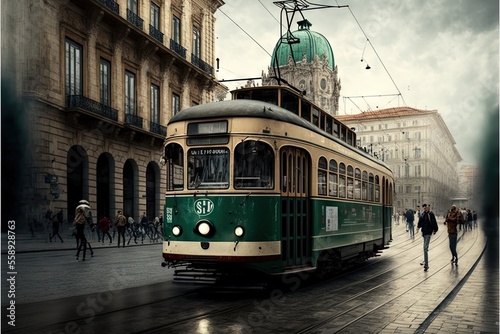a green and white trolley on a city street with people walking by it and a building in the background with a clock tower on top of it's corner.