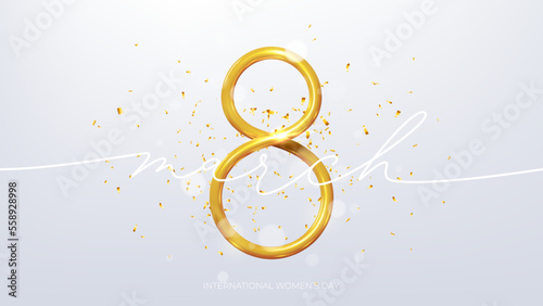 International Women's Day banner. Elegant vector card for 8 March. Realistic 3d golden number 8, confetti and lettering on sparkling background. Realistic 3d symbol of International Women's Day.