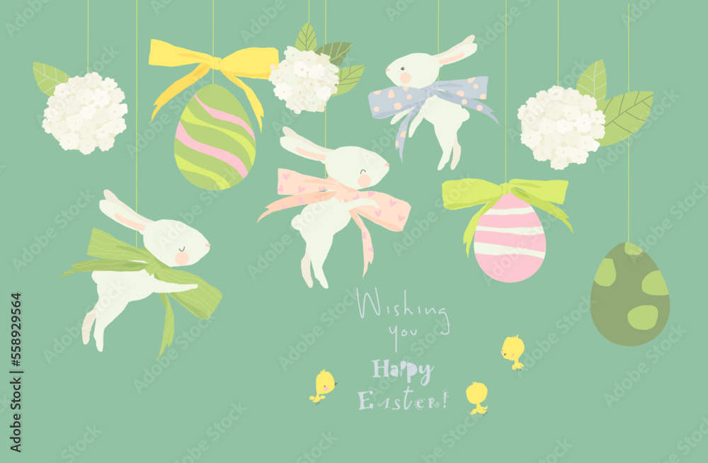 Happy Easter Greeting Card with Cute White Bunnies and Eggs