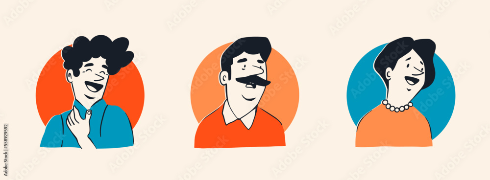 Smiling, affected, amazed and touched people. Facial expression, human emotion concept. Cartoon comic style. Cute funny female and male characters. Hand drawn isolated Vector illustrations - obrazy, fototapety, plakaty 