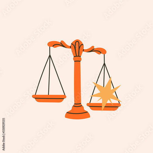Scales with star or Libra Constellation. Cartoon style Zodiac sign. Stylized symbol. Hand drawn trendy Vector illustration. Isolated icon. Logo, print template
